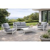 Salon jardin 4 à 5 places sofa 2 places 2 fauteuils table basse blanc tissus gris clair