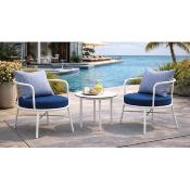 Ensemble bas relax 2 fauteuils 1 table ronde diamètre 60cm blanc tissus bleu marin