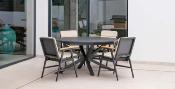 Salon jardin à manger 1 table ronde extensible 6 fauteuils structure anthracite tissus beige clair