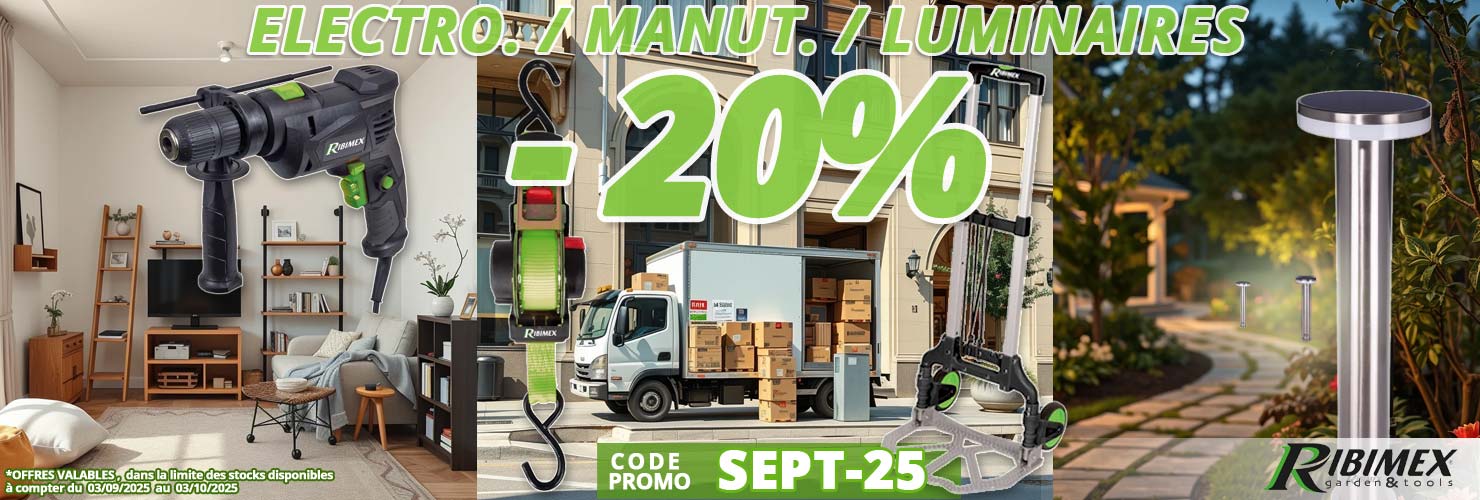 20% de remise sur le matériel de manutention sangles, diables, plateau à roulette, le matériel de bricolage électroportatifs filaires ou à batterie, perceuses, visseuses, scies et nos luminaires extérieurs bornes, appliques, potelets, lampadaires... chez Bricommerce