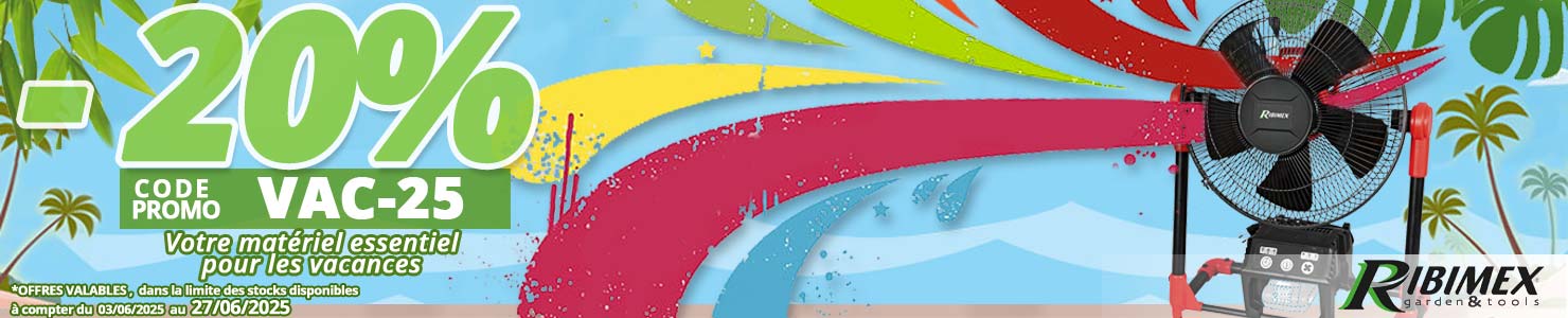 20% de remise sur votre matériel pour les vacances... Ribimex, ventilateur, sangles, lampes torches, baladeuses, bâches légères, réchaud gaz, compresseurs portables... chez Bricommerce