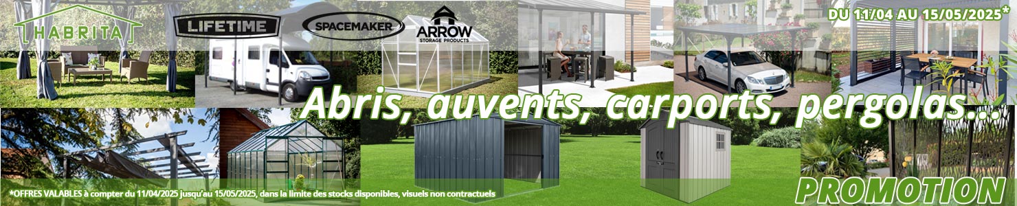 Promotion sur vos marques préférées abris, carport, pergola bioclimatique, niche, poulailler, serre de jardin... chez Bricommerce