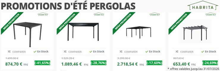 Nos offres promotionnelles Pergolas Bioclimatiques jusqu'à -40% en prix barrés de très belles remises pour acquérir la pergola de vos rêves en cette période de soldes chez Bricommerce