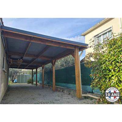 Abri Toit Plat Adossé Bois Douglas France Carport Auvent voiture 350x1250cm H 250cm