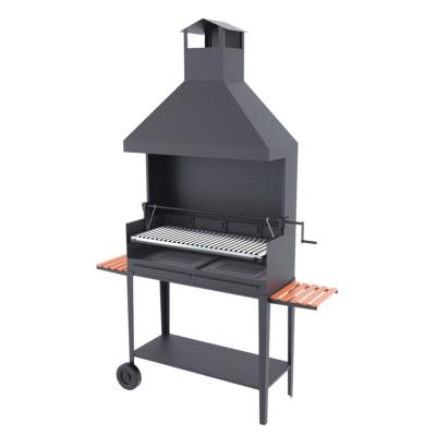 Barbecue charbon de bois 100 cm sur chariot, paravents, hotte et élévateur