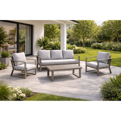 Salon jardin 4 à 6 places sofa 3 places 2 fauteuils table basse champagne gris clair