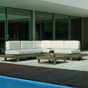 Salon jardin canapé d'angle 4 à 6 places table basse champagne tissus blanc