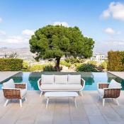 Salon jardin 5 places Sofa 3 places 2 fauteuils table basse 120cm blanc tissus beige clair