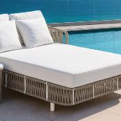 Lit de jardin 2 places 160x170x85cm blanc corde champagne tissus blanc table ronde