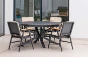 Salon jardin à manger 1 table ronde extensible 6 fauteuils structure anthracite tissus beige clair