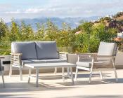 Salon jardin 4 places Sofa 2 places 2 fauteuils structure blanche tissus gris table basse