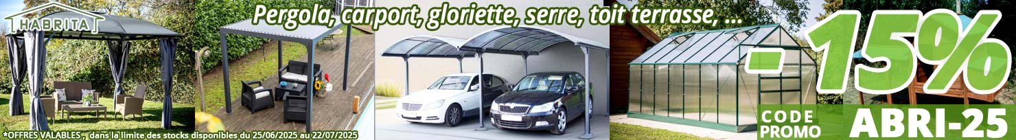 15% de remise sur votre aménagement extérieur carport, pergola, gloriette, toit terrasse, niche, volière, serre de jardin... chez Bricommerce